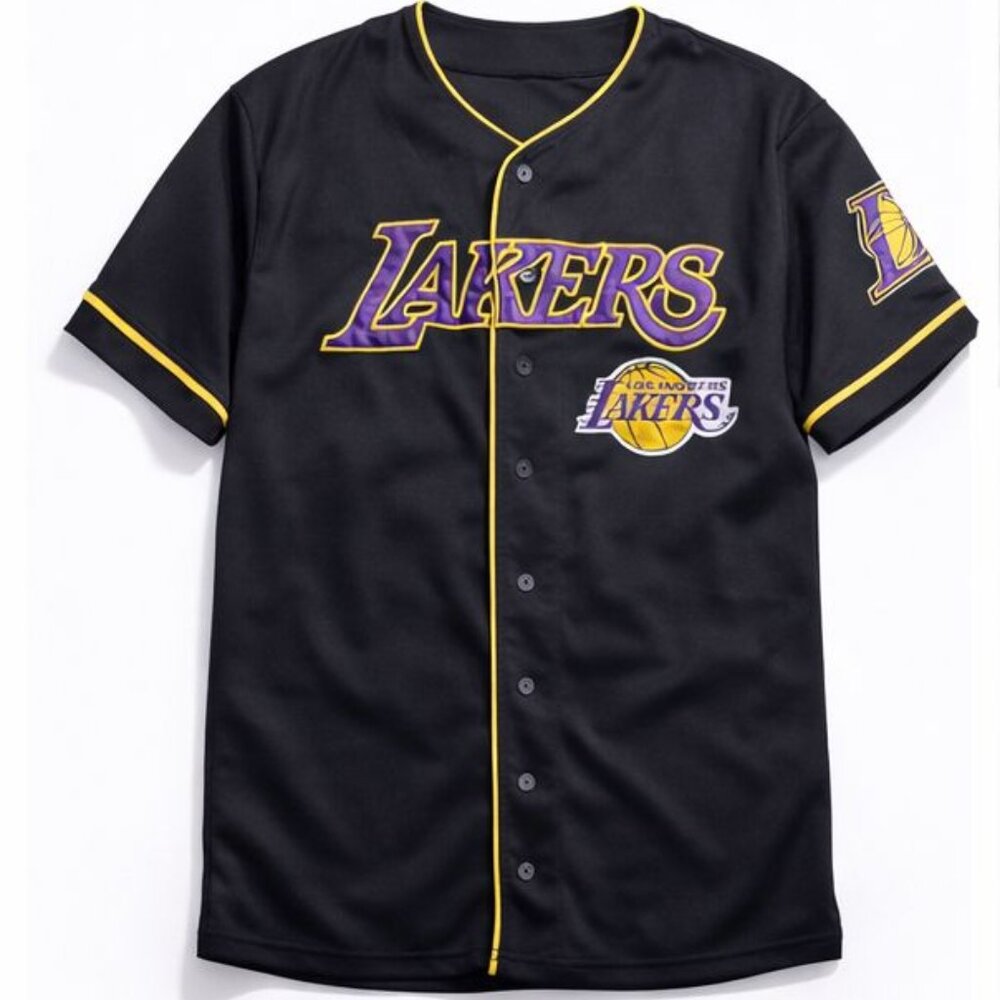 Los Angeles Lakers Black Baseball Jersey Button Up Large